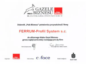 Certyfikaty Gazele Biznesu Ferrum Profil